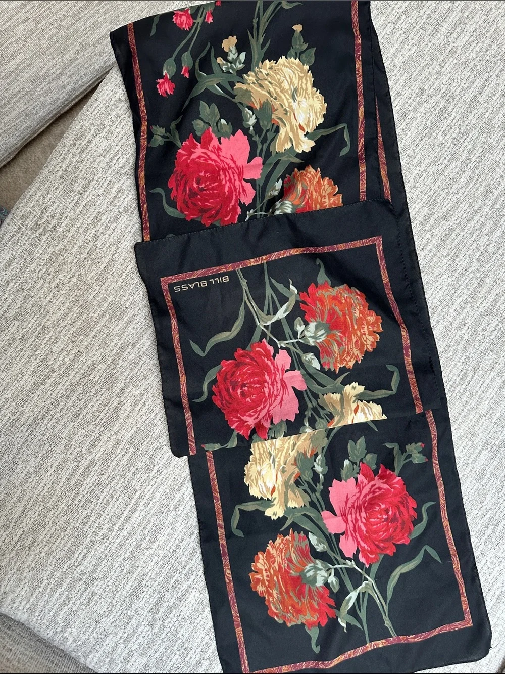 bill blass Black Silk Scarf with Red and Gold Floral Print